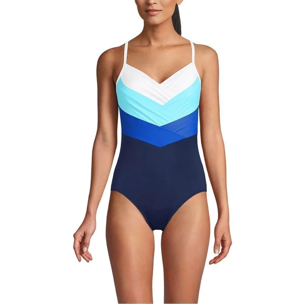 Land's End pleated one piece slendersuit navy sapphire river mist white Various